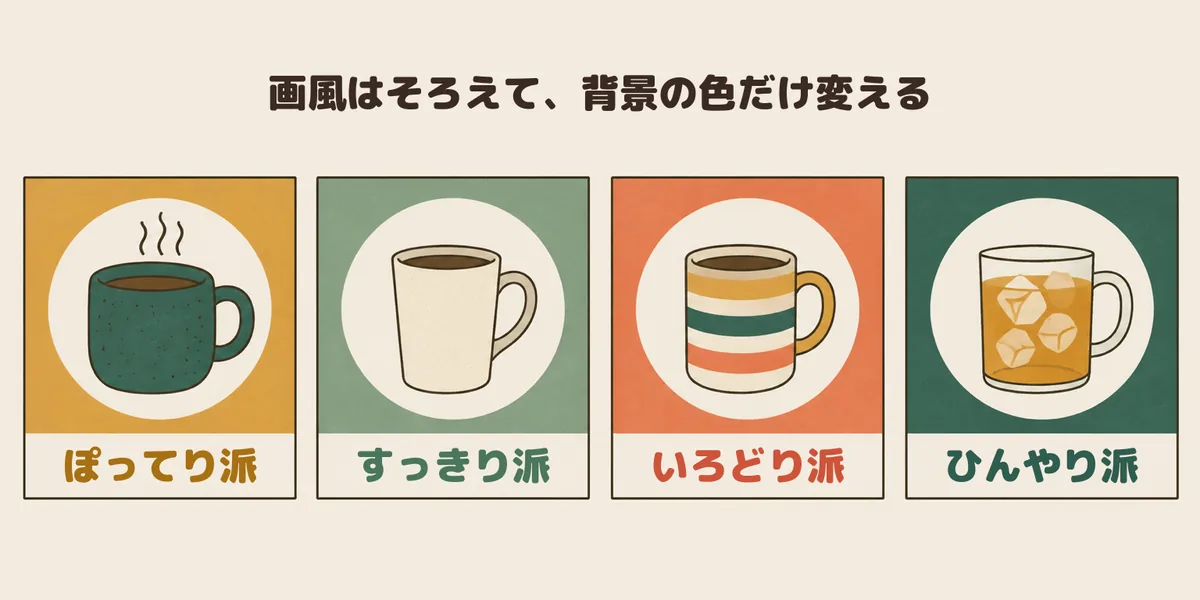 ぽってり派・すっきり派・いろどり派・ひんやり派の4つの結果画像。同じ画風で丸い窓の中にマグカップを描き、背景の色だけが違う