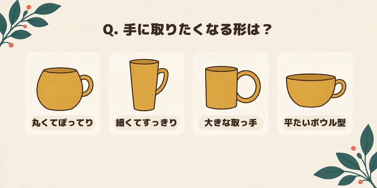 「手に取りたくなる形は？」の質問に、丸くてぽってり・細くてすっきり・大きな取っ手・平たいボウル型の4つのマグカップの絵が、同じ色で選択肢として並んだ見本