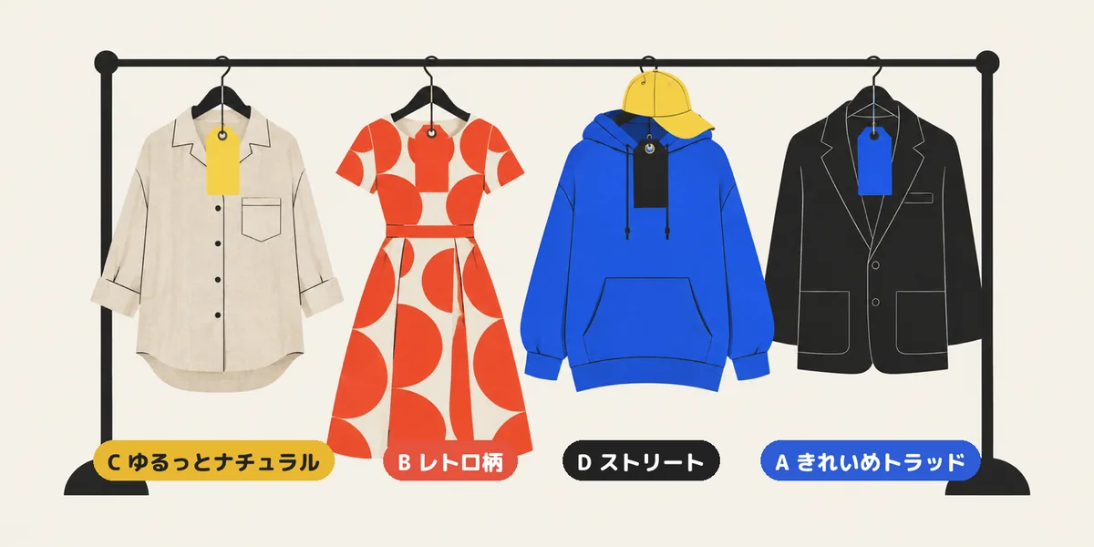 古着屋のハンガーラックに麻のシャツ・柄のワンピース・パーカー・ジャケットの4着が掛かり、下にそれぞれ「C ゆるっとナチュラル」「B レトロ柄」「D ストリート」「A きれいめトラッド」の札が並ぶ絵