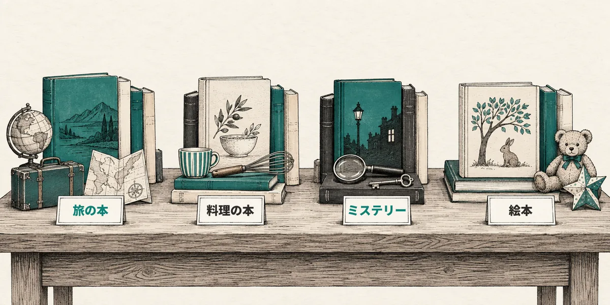 旅の本・料理の本・ミステリー・絵本の4つに分けて本を並べた本屋の平台のイラスト