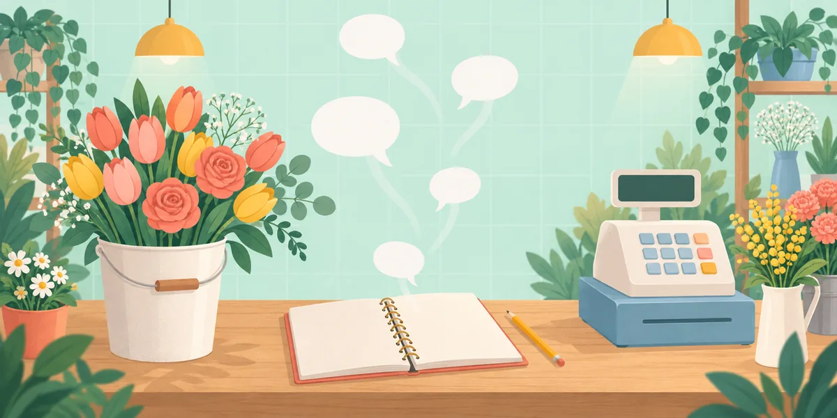 花屋のカウンターで、お客様の声をノートに書き留めるイメージ