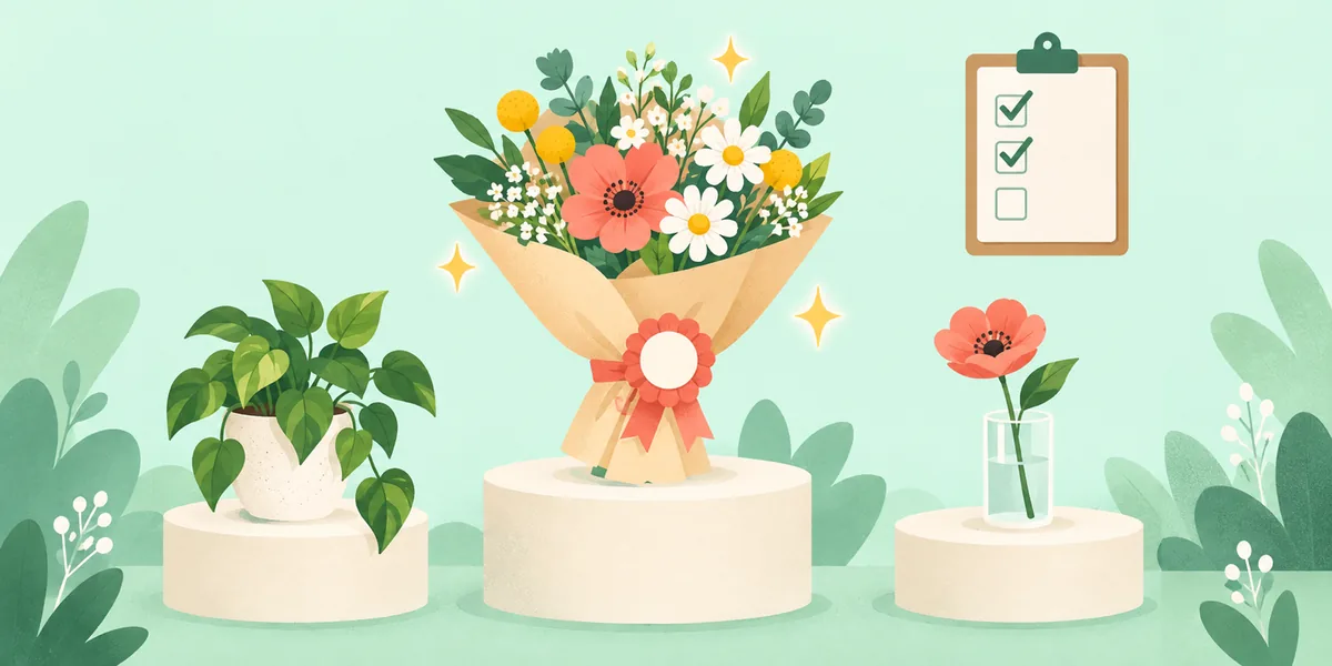 花束・観葉植物・一輪挿しの3つの候補から、花束を選ぶイメージ