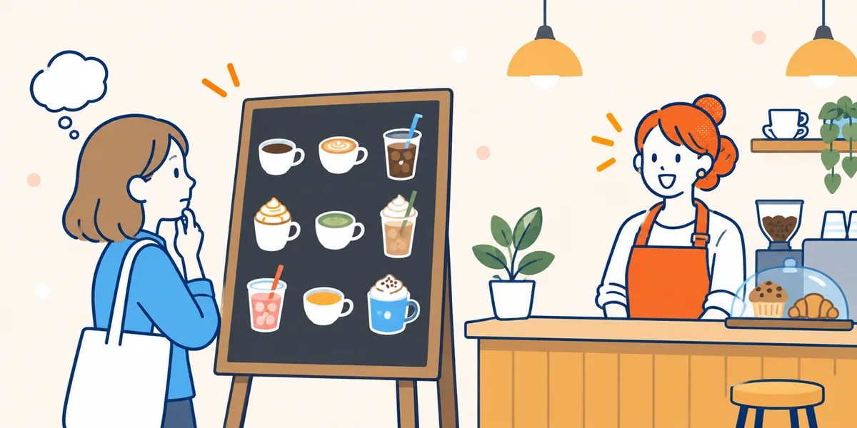 メニューの前で迷うお客様と、それに気づく店主のイラスト