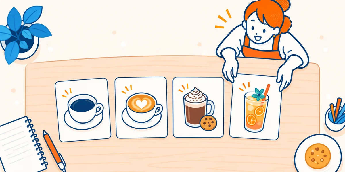 4種類のドリンクを描いたカードをテーブルに並べるイラスト