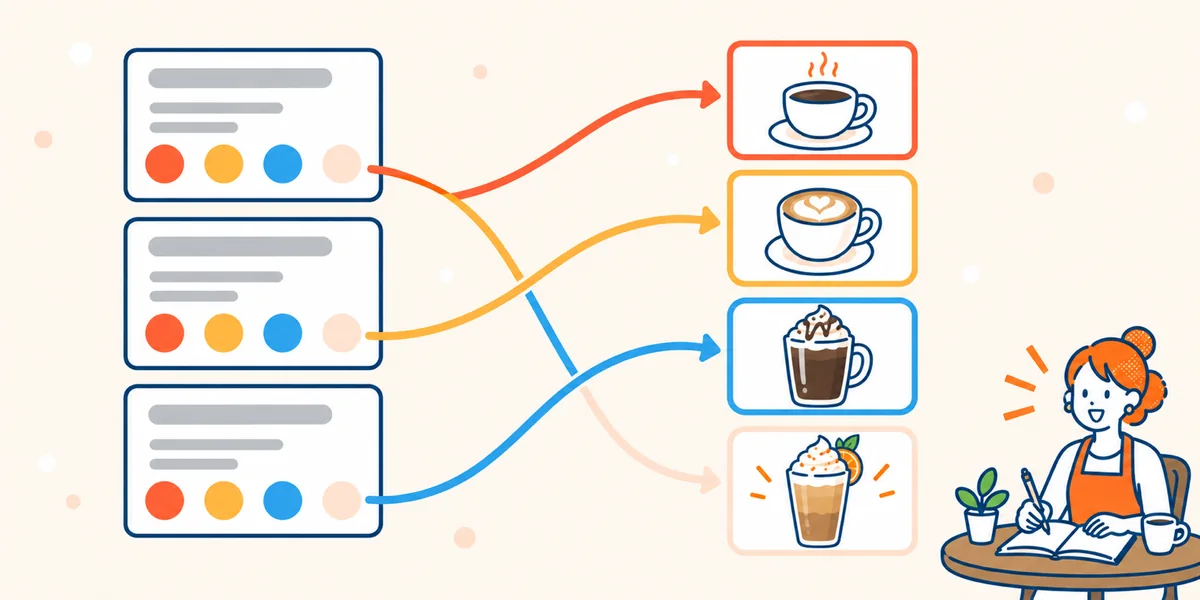 質問カードの選択肢から4つの結果へ矢印でつながる図のイラスト