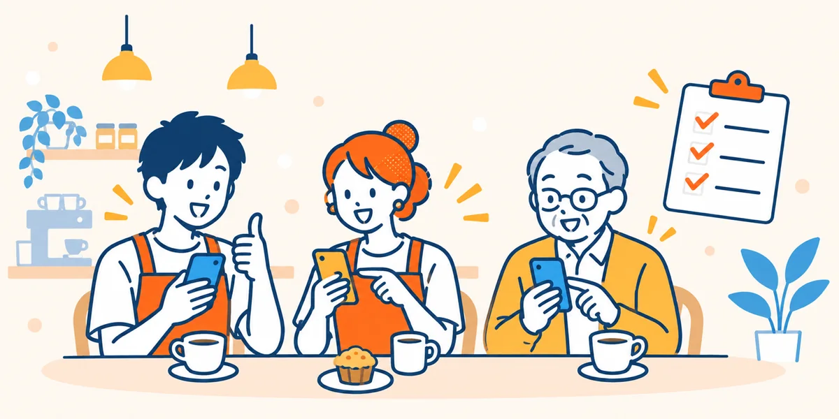 スタッフと家族がスマホで診断を試して確かめるイラスト