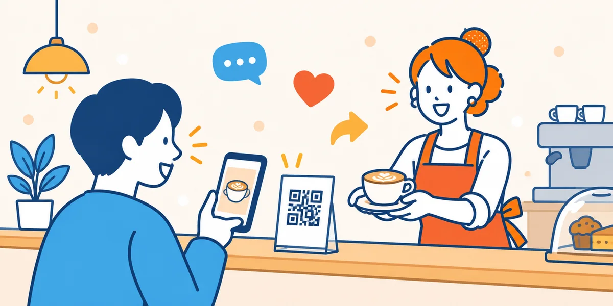 レジ横のQRコードをスマホで読み取るお客様と、ドリンクを渡す店主のイラスト