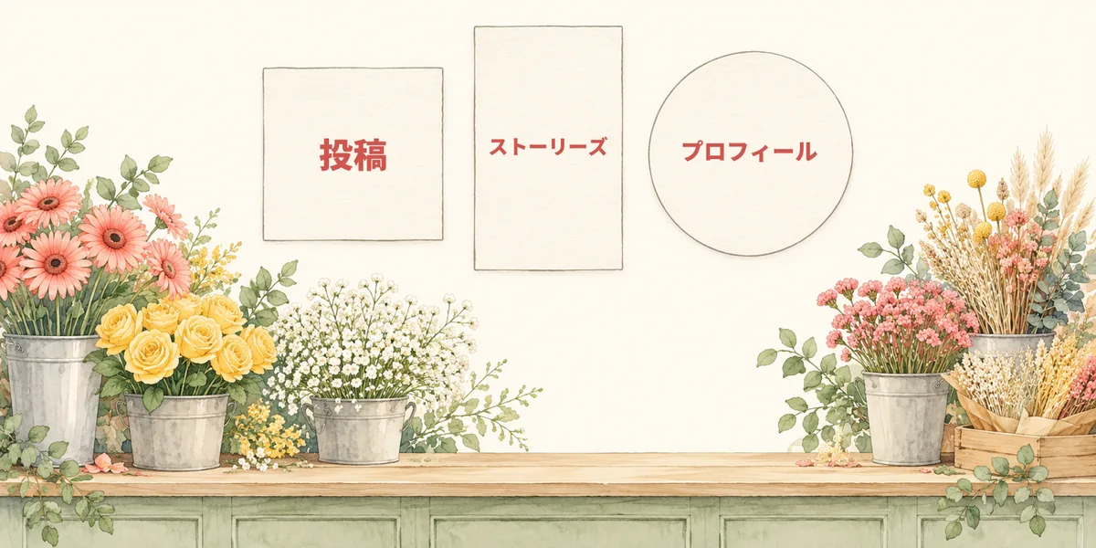 花屋のカウンターに花のバケツが並び、その上に「投稿」と書いた四角いカード、「ストーリーズ」と書いた縦長のカード、「プロフィール」と書いた丸いカードが浮かんでいる絵
