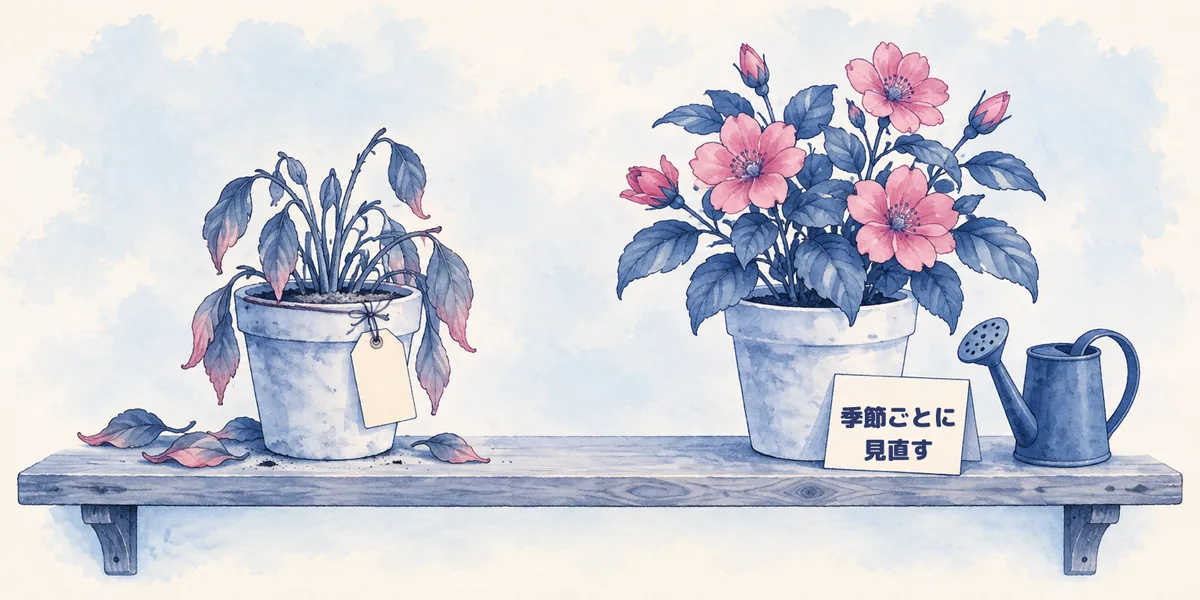棚に並んだ2つの鉢植え。左は手入れされずにしおれ、右はじょうろで水をもらって花が咲いている絵
