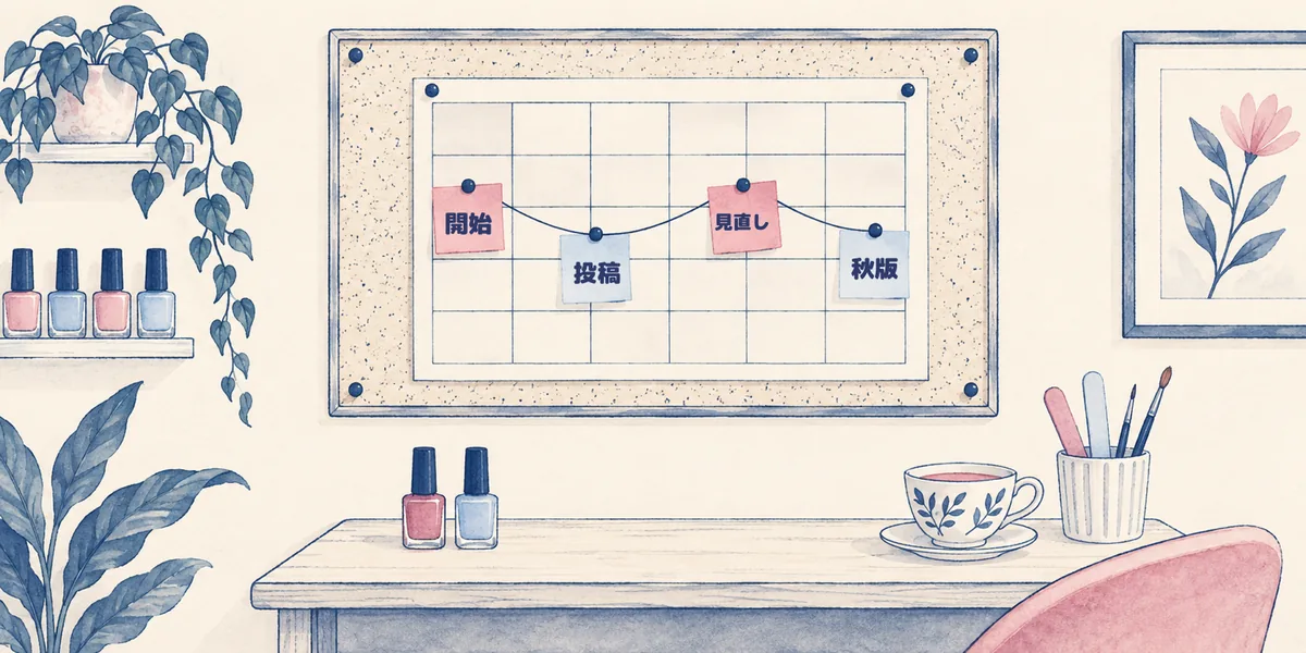 ネイルサロンの机の上のコルクボードに、カレンダーと4枚の付せんが糸でつながって貼られている絵
