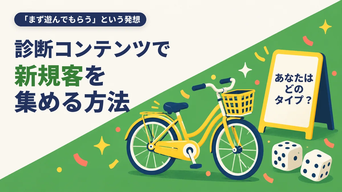 診断コンテンツで新規客を集める方法 斜めの緑の面に自転車と「あなたはどのタイプ?」の看板