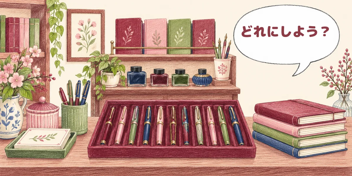 文房具店のカウンターに色ちがいの万年筆がずらりと並び、インクの瓶とノートの横に「どれにしよう？」と書かれた吹き出しが浮かんでいる絵