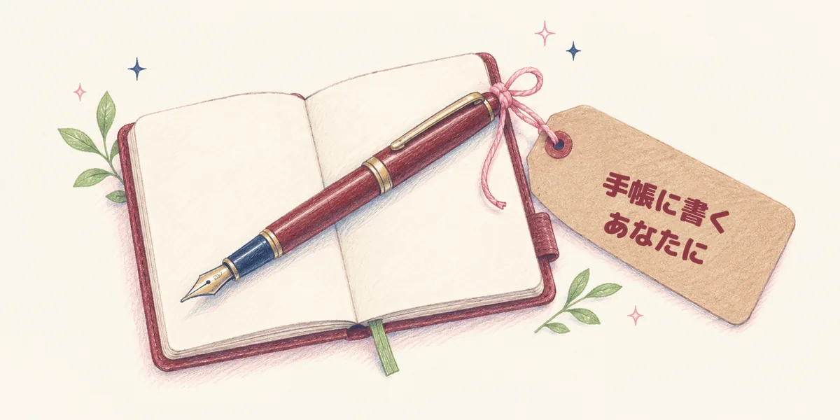 開いた手帳の上に万年筆が1本置かれ、ピンクのひもで結んだ札に「手帳に書くあなたに」と書かれている絵