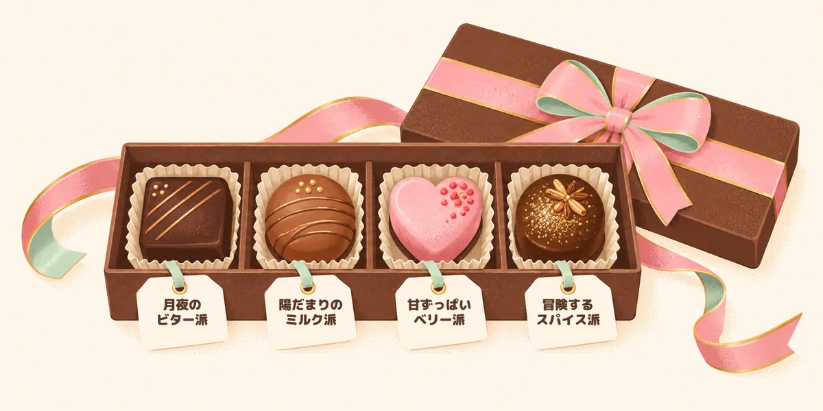 ふたを開けたチョコレートの箱に4つのチョコが並び、手前の札に「月夜のビター派」「陽だまりのミルク派」「甘ずっぱいベリー派」「冒険するスパイス派」と書かれている絵