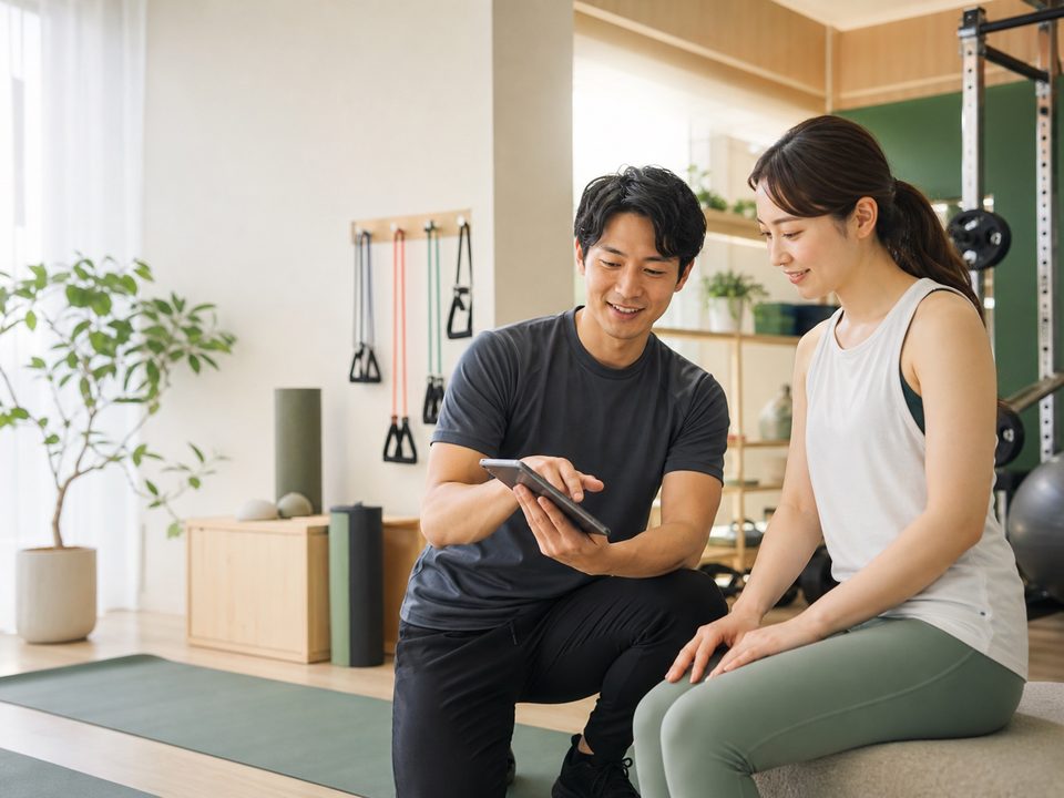 診断結果をもとに運動プランを提案するトレーナー