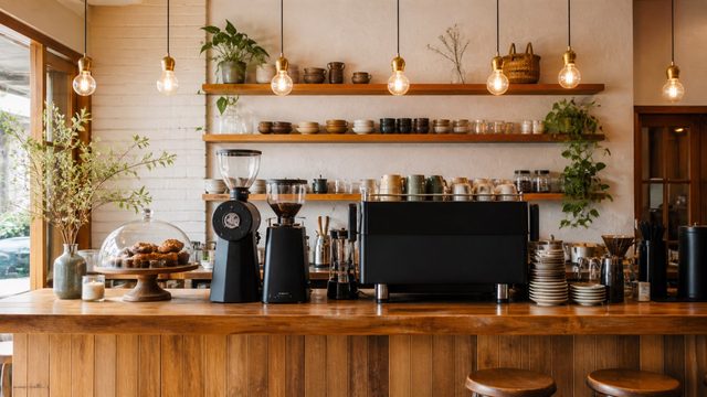 木のカウンターとコーヒー設備が並ぶカフェ店内