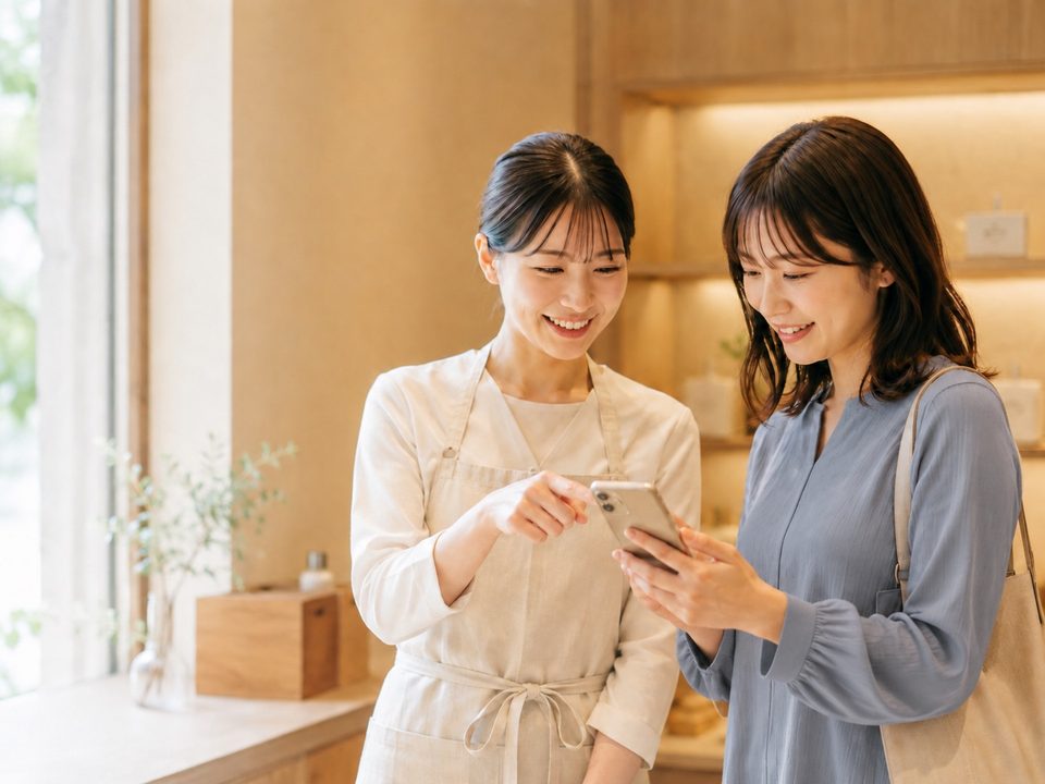スタッフとお客様がスマートフォンを見ながら診断を楽しむ様子